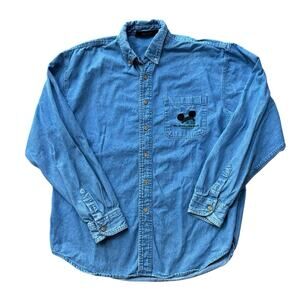 Disney Originals Embroidered One World One Mouse Denim Button Down Shirt Large